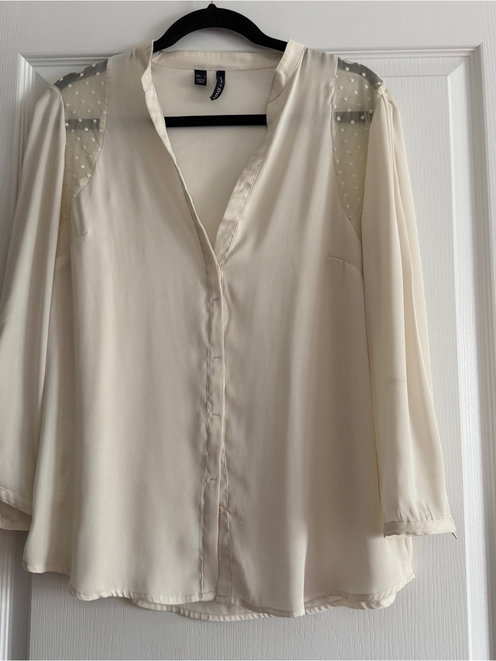 Mango Cream Satin Blouse with Sheer Dotted Shoulder Panels